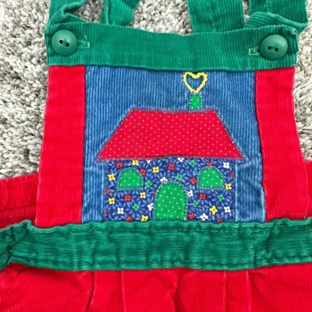 Vintage Corduroy‎ Jumper Dress Cottagecore Red Green Girl's Applique House